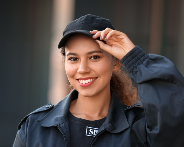 smiling woman wearing a black cap and jacket with a casual pose demonstrating confidence and happiness