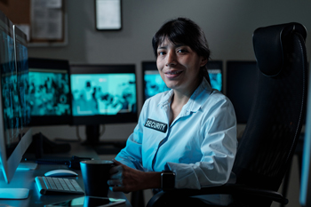 security professional monitoring multiple screens with a coffee cup in a control room environment